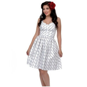 Unique Vintage New White Navy Anchor Rope Print Fit & Flare Dress Med Nautical